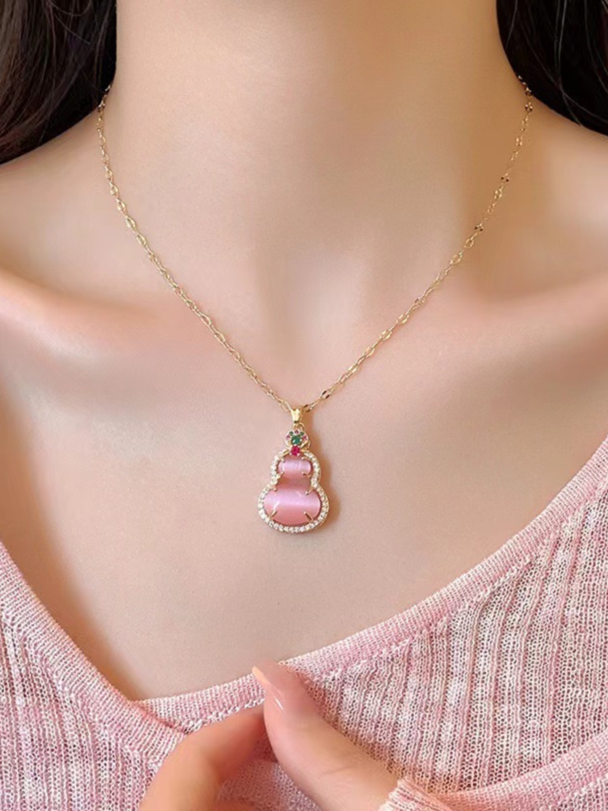 Pink Gourd Pendant Necklace 2025 - High-End Clavicle Chain, Chinese Style Neck Accessory, National Style Earrings