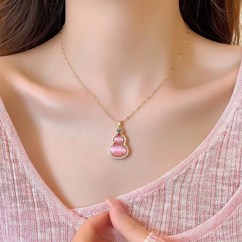 Pink Gourd Pendant Necklace 2025 - High-End Clavicle Chain, Chinese Style Neck Accessory, National Style Earrings
