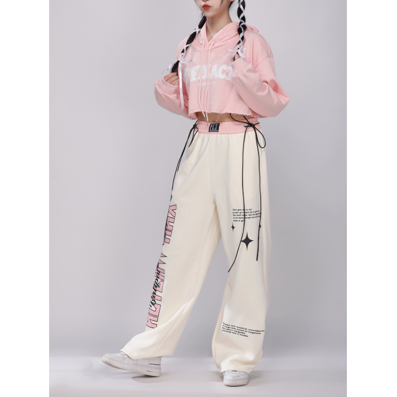 Pink Lettered Kpop Jazz Dance Sweatpants for Women - Casual Straight Fit Sports Pants for Autumn & Winter Pink Lettered Kpop Jazz Dance Sweatpants for Women - Casual Straight Fit Sports Pants for Autumn & Winter