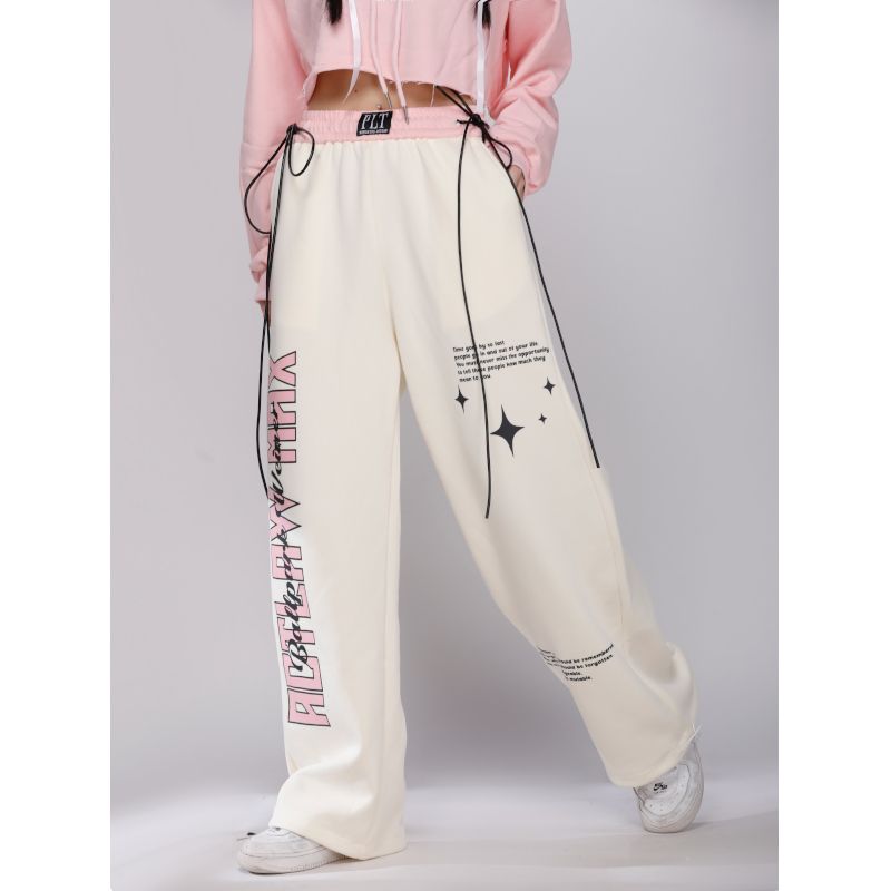 Pink Lettered Kpop Jazz Dance Sweatpants for Women - Casual Straight Fit Sports Pants for Autumn & Winter Pink Lettered Kpop Jazz Dance Sweatpants for Women - Casual Straight Fit Sports Pants for Autumn & Winter