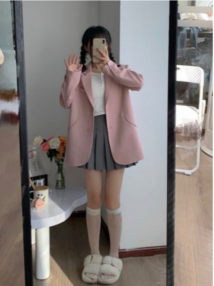 Pink Oversized Blazer for Women - Spring Korean-Style Loose-Fitting Retro Casual Top Pink Oversized Blazer for Women - Spring Korean-Style Loose-Fitting Retro Casual Top