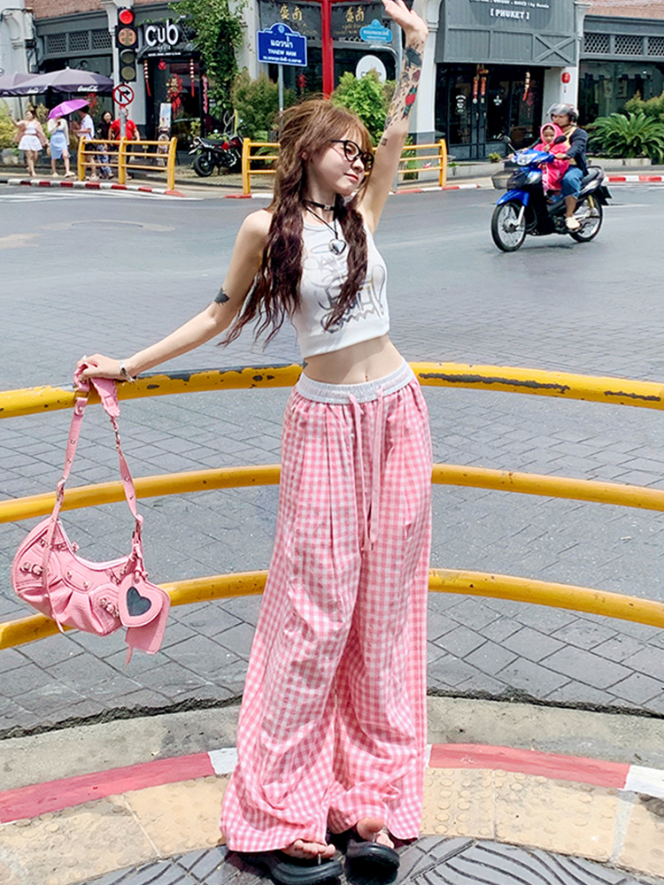Pink Plaid Casual Summer Pants for Women, Straight-Leg Slim-Fit Wide-Leg Trousers, Trendy Colorful Dopamine Style