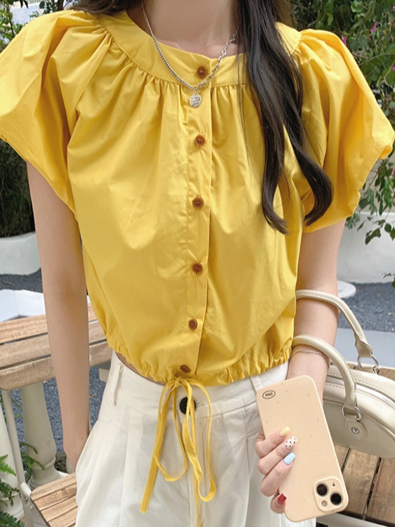 Pink Puff Sleeve Short Blouse for Women with Waist Drawstring, Summer Fashion for Petite Figures, Trendy and Unique Style Pink Puff Sleeve Short Blouse for Women with Waist Drawstring, Summer Fashion for Petite Figures, Trendy and Unique Style