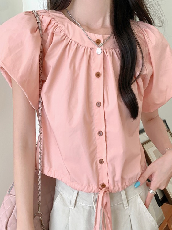 Pink Puff Sleeve Short Blouse for Women with Waist Drawstring, Summer Fashion for Petite Figures, Trendy and Unique Style Pink Puff Sleeve Short Blouse for Women with Waist Drawstring, Summer Fashion for Petite Figures, Trendy and Unique Style