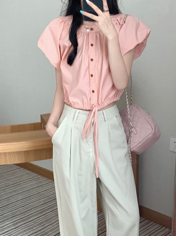 Pink Puff Sleeve Short Blouse for Women with Waist Drawstring, Summer Fashion for Petite Figures, Trendy and Unique Style Pink Puff Sleeve Short Blouse for Women with Waist Drawstring, Summer Fashion for Petite Figures, Trendy and Unique Style