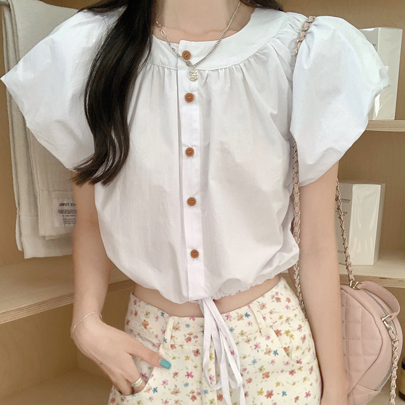 Pink Puff Sleeve Short Blouse for Women with Waist Drawstring, Summer Fashion for Petite Figures, Trendy and Unique Style