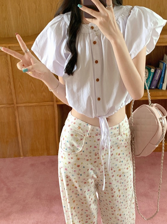 Pink Puff Sleeve Short Blouse for Women with Waist Drawstring, Summer Fashion for Petite Figures, Trendy and Unique Style Pink Puff Sleeve Short Blouse for Women with Waist Drawstring, Summer Fashion for Petite Figures, Trendy and Unique Style