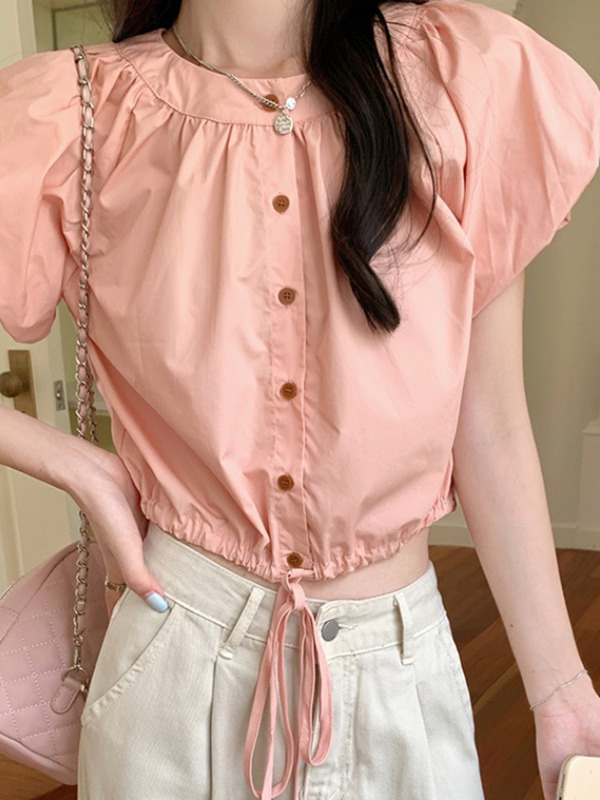 Pink Puff Sleeve Short Blouse for Women with Waist Drawstring, Summer Fashion for Petite Figures, Trendy and Unique Style