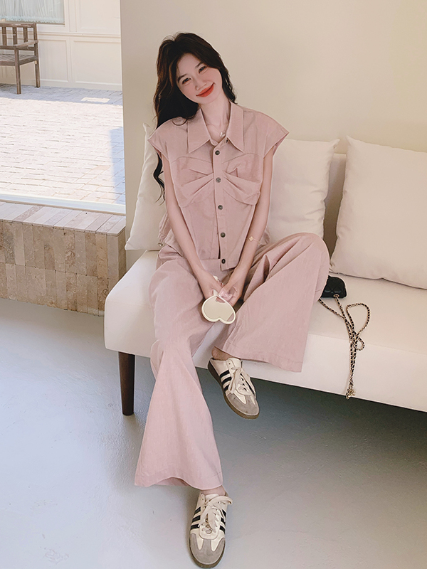 Pink Sleeveless Shirt and Wide-Leg Pants Two-Piece Set for Women - Casual Summer Outfit, Slim Fit Denim Style