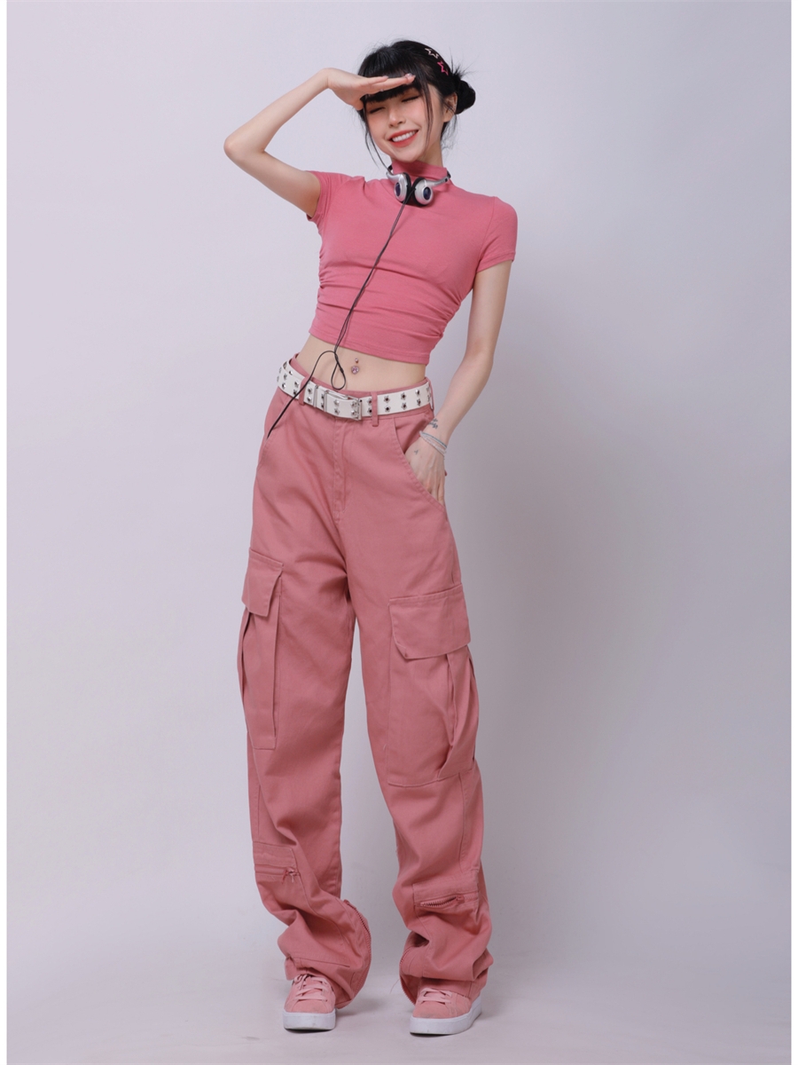 Pink Straight Casual Work Pants for Women – Trendy American Retro Hip-Hop Street Dance Style Pink Straight Casual Work Pants for Women – Trendy American Retro Hip-Hop Street Dance Style