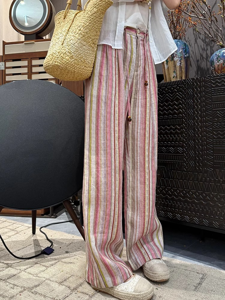 Pink Striped Casual Pants for Women - 2025 Summer Korean Style Loose Straight Trousers Pink Striped Casual Pants for Women - 2025 Summer Korean Style Loose Straight Trousers