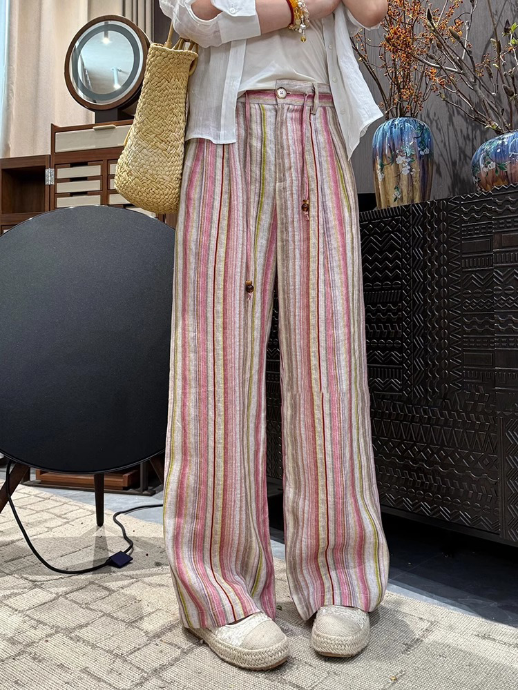 Pink Striped Casual Pants for Women - 2025 Summer Korean Style Loose Straight Trousers Pink Striped Casual Pants for Women - 2025 Summer Korean Style Loose Straight Trousers