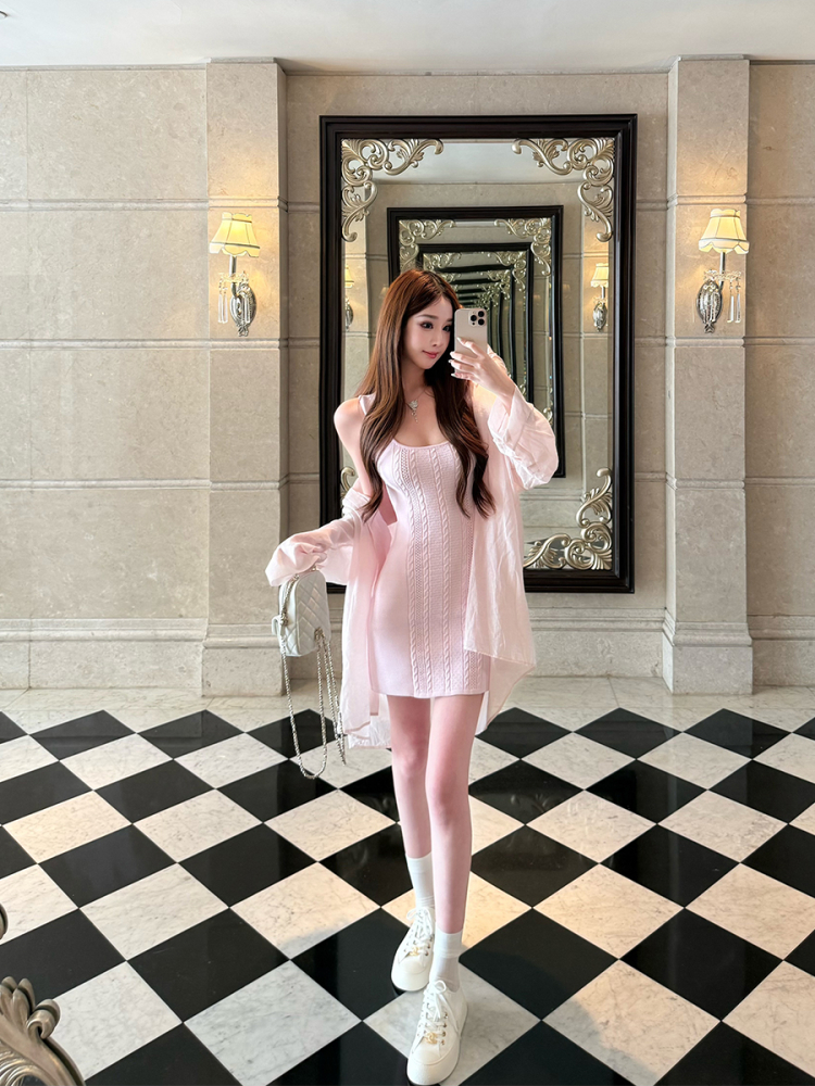 Pink Tea Relief Knitted Sleeveless Dress for Women - Summer Socialite Style, Casual Mini Dress for Party, 90s Inspired Fashion