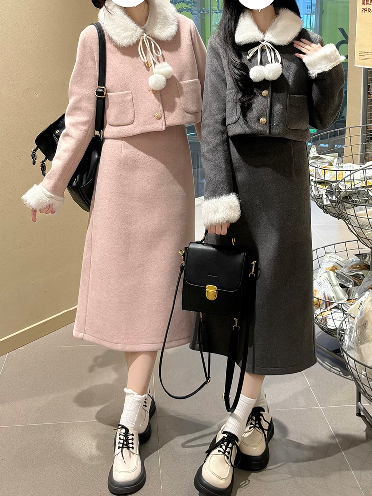 Pink Thick Short Coat and Skirt Two-Piece Set - JK Style Petite Winter Outfit with Pudding Bear Design