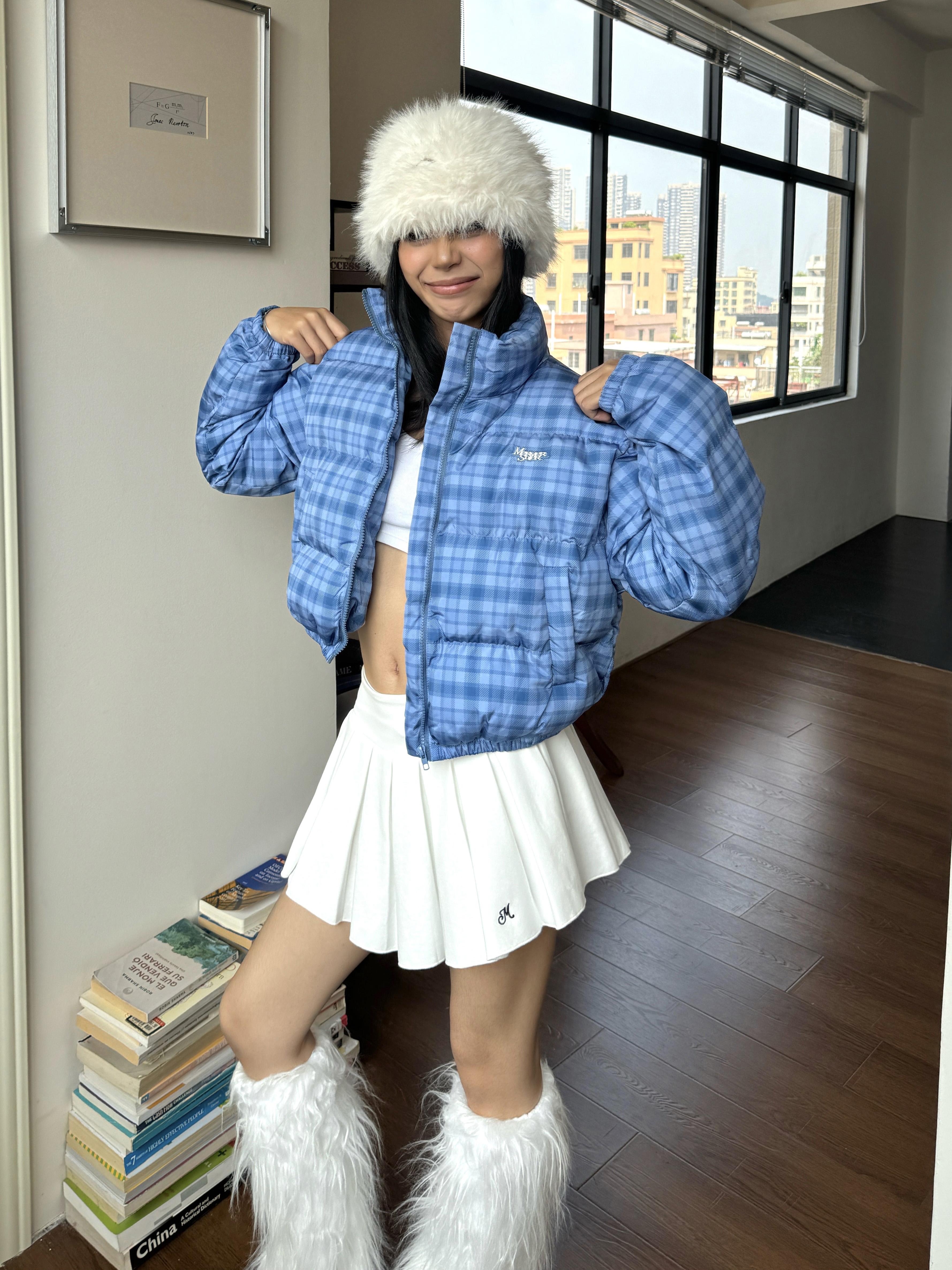 Plaid Cotton Jacket for Women - American Style, Stand-Up Collar, Loose Fit, Short Length, Perfect for Spicy Summer Vibes