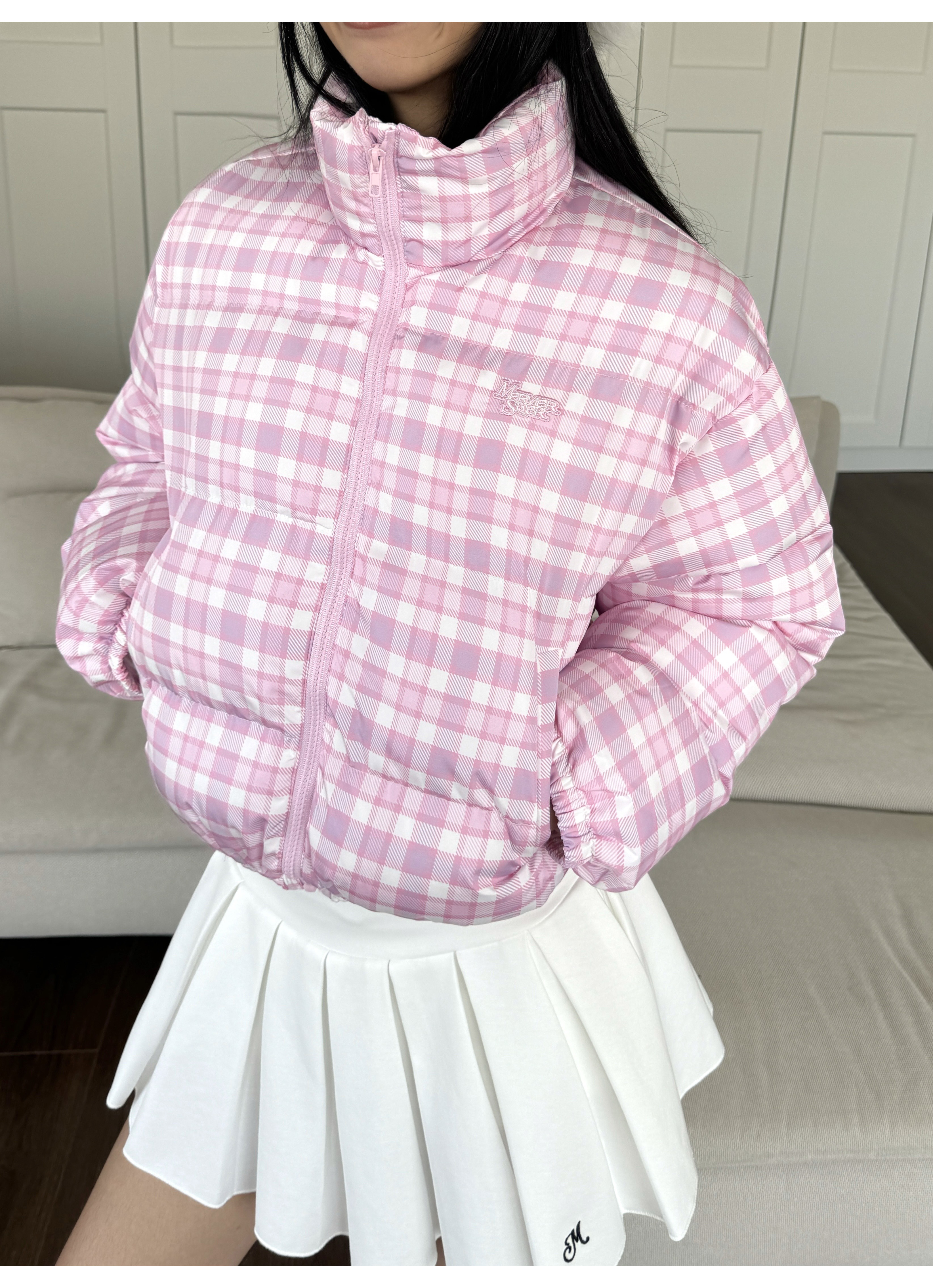 Plaid Cotton Jacket for Women - American Style, Stand-Up Collar, Loose Fit, Short Length, Perfect for Spicy Summer Vibes