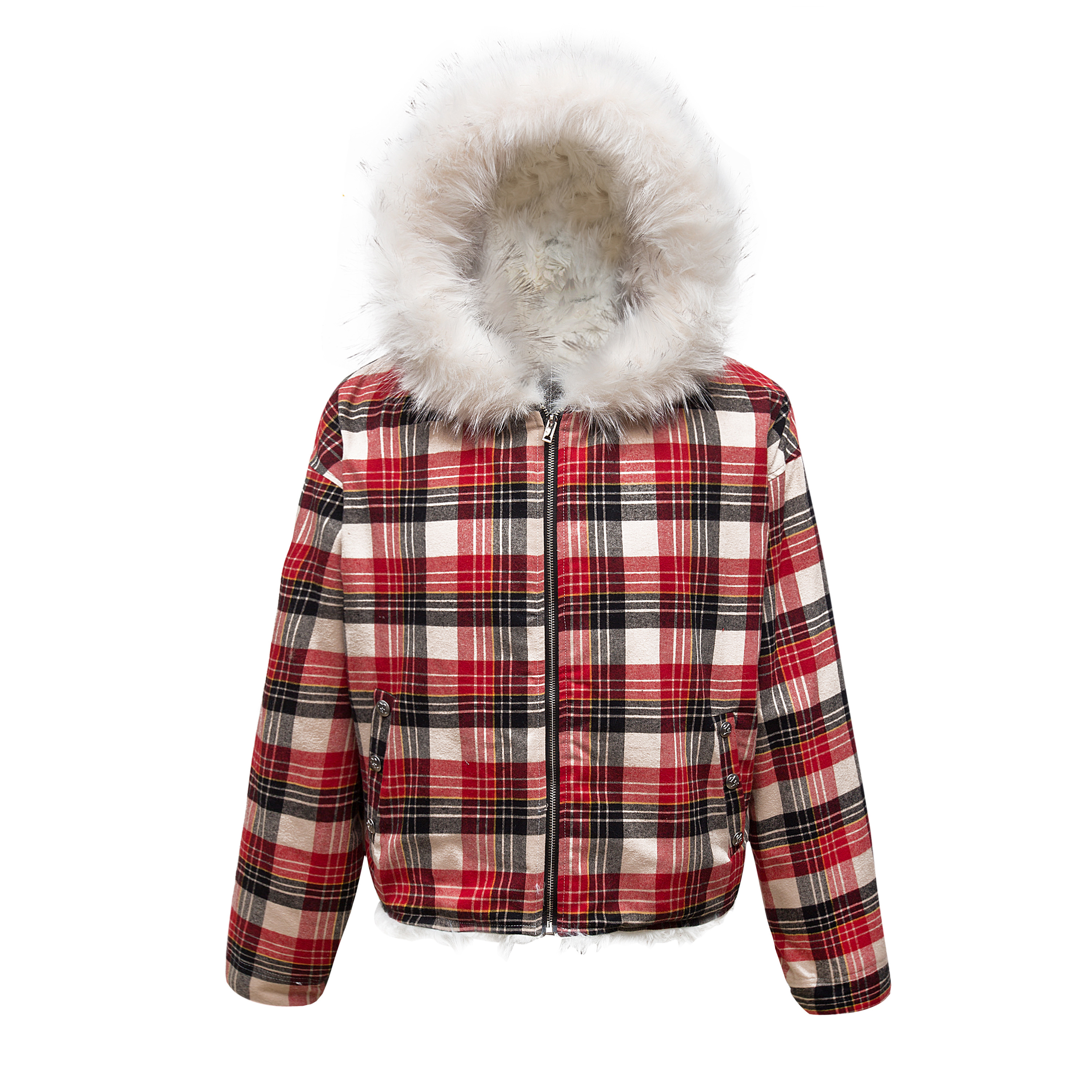 Plaid Hooded Cotton Coat with Fur Collar, Thickened Plush Winter Outerwear, American Style Lazy Chic Jacket
