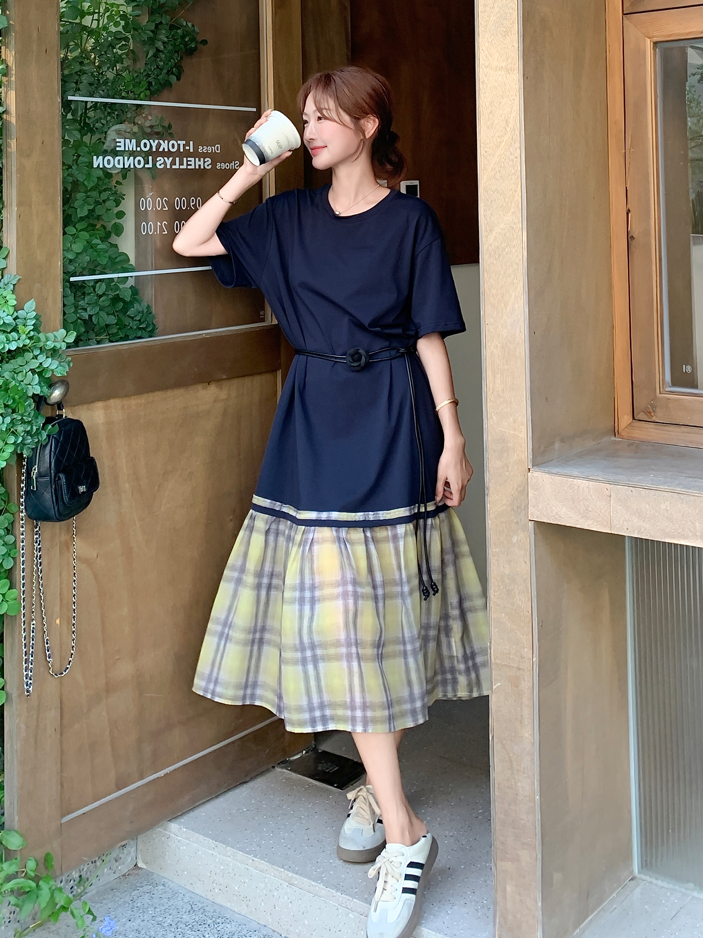 Plaid Patchwork Short Sleeve Dress for Women - 2025 Summer Korean Style College Fashion, Loose Fit, Trendy Long T-Shirt Dress