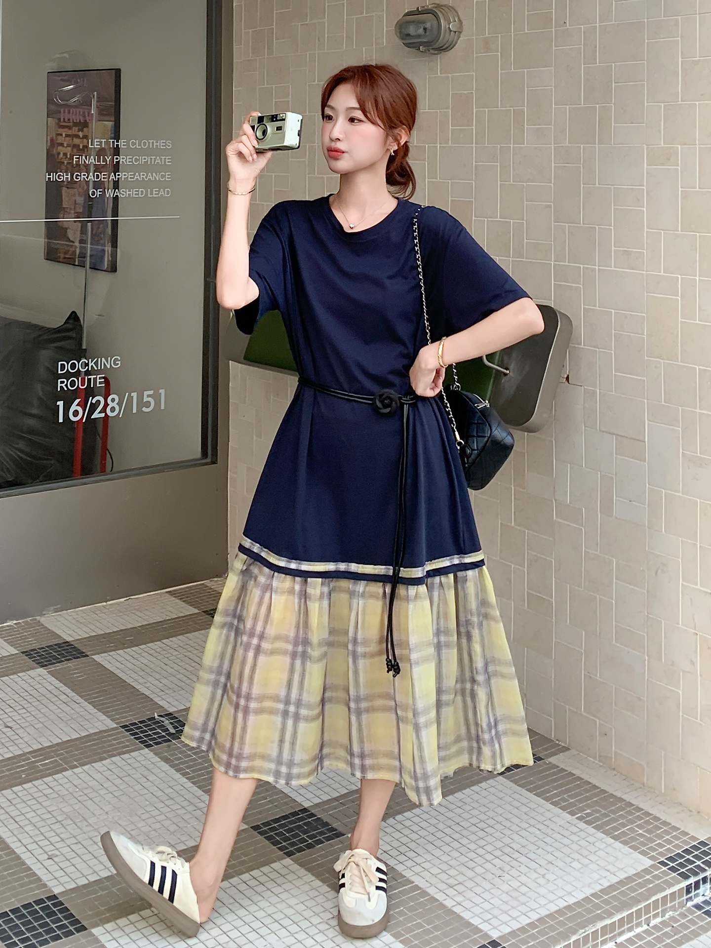 Plaid Patchwork Short Sleeve Dress for Women - 2025 Summer Korean Style College Fashion, Loose Fit, Trendy Long T-Shirt Dress