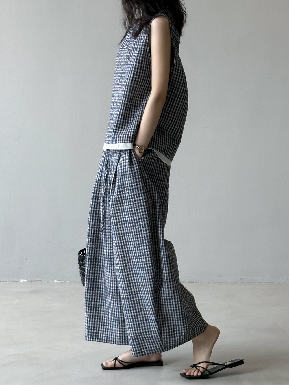 Plaid Vest Fake Two-Piece Set for Women - 2025 Summer Loose Wide-Leg Pants - High-End Casual Y2K Style Outfit