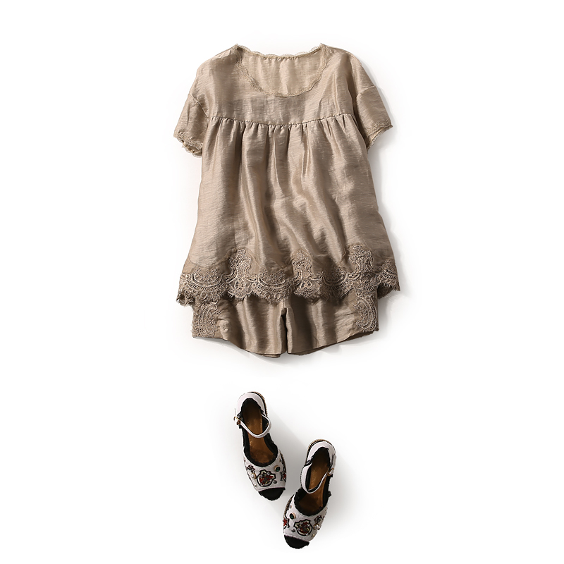 Pleated Flared Short Sleeve Top & Elastic Waist Lace Panel Shorts Set - European Summer Linen Style for Women