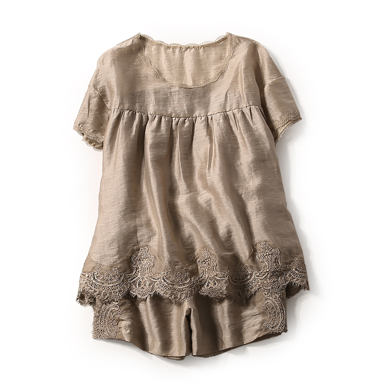 Pleated Flared Short Sleeve Top & Elastic Waist Lace Panel Shorts Set - European Summer Linen Style for Women Pleated Flared Short Sleeve Top & Elastic Waist Lace Panel Shorts Set - European Summer Linen Style for Women