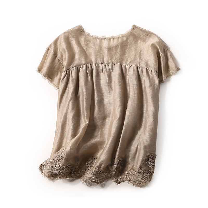 Pleated Flared Short Sleeve Top & Elastic Waist Lace Panel Shorts Set - European Summer Linen Style for Women Pleated Flared Short Sleeve Top & Elastic Waist Lace Panel Shorts Set - European Summer Linen Style for Women