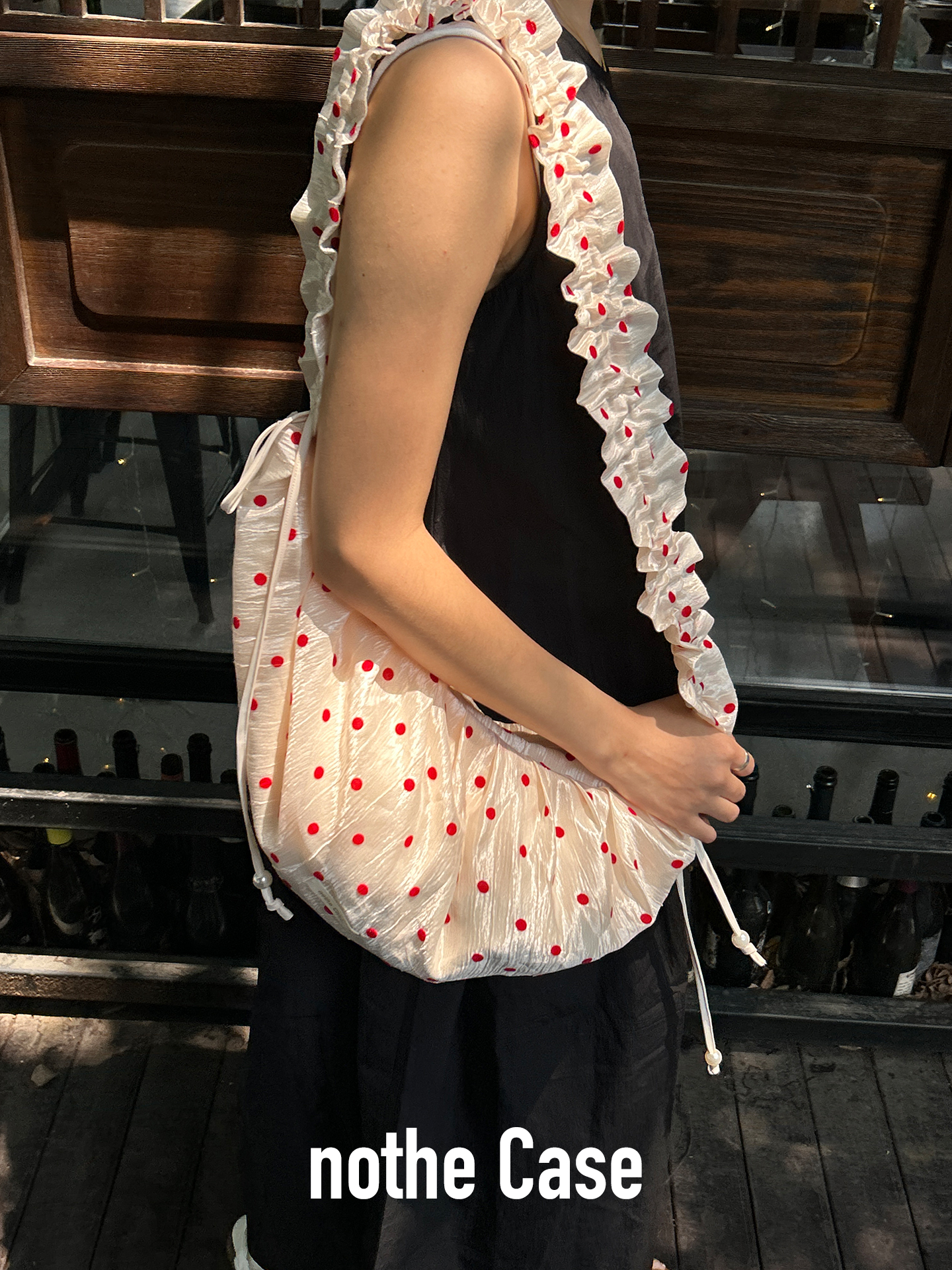 Pleated Lace Polka Dot Dumpling Crossbody Bag with Drawstring & Zipper - Berry Ripple Floral Print Canvas Style