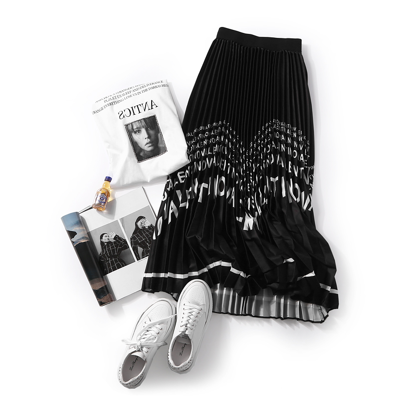 Pleated Long Skirt for Women - European and American Style, Elastic Waist, Personalized Letter Design, 2025 Autumn Fashion