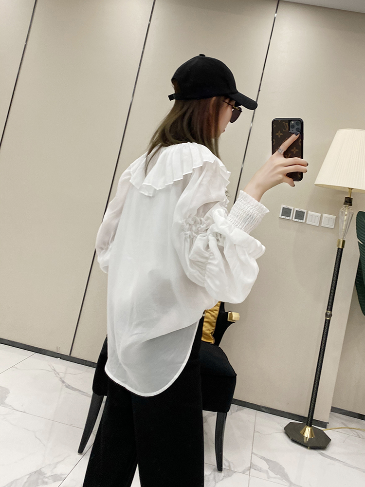 Pleated Ruffle Collar Lantern Sleeve Letter Shirt - Women's Stylish Spring Summer Fashion Trend Pleated Ruffle Collar Lantern Sleeve Letter Shirt - Women's Stylish Spring Summer Fashion Trend