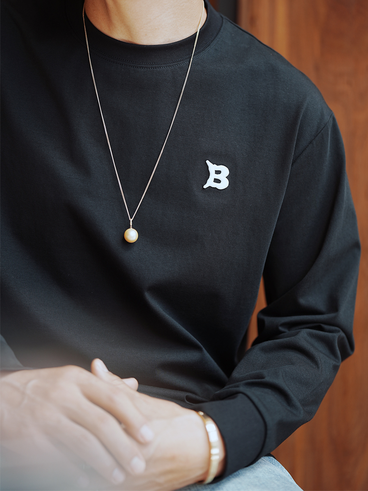 Plus Size Men's Black Long Sleeve T-Shirt with High-End Embroidery, Casual Round Neck Base Layer for Autumn and Winter