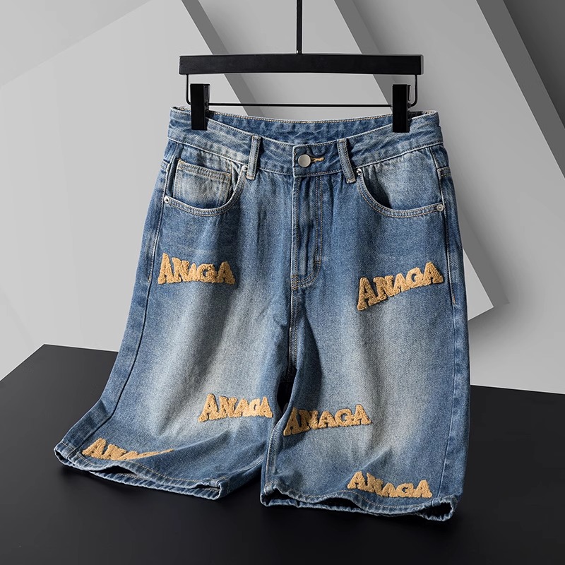 Plus Size Men's Vintage Letter Embroidered Denim Shorts - Casual High-End Straight Leg Mid-Length Summer Trousers