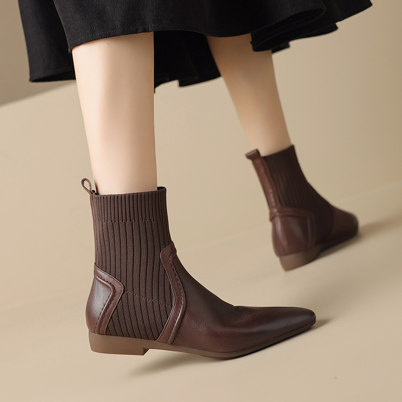 Pointed Toe Flat-Bottom Elastic Sock Boots - Low-Heeled Knitted Wool Short Martin Boots in Genuine Leather, Sizes 41-43