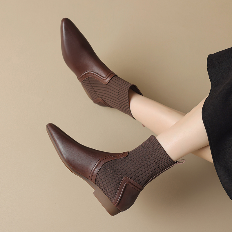 Pointed Toe Flat-Bottom Elastic Sock Boots - Low-Heeled Knitted Wool Short Martin Boots in Genuine Leather, Sizes 41-43 Pointed Toe Flat-Bottom Elastic Sock Boots - Low-Heeled Knitted Wool Short Martin Boots in Genuine Leather, Sizes 41-43