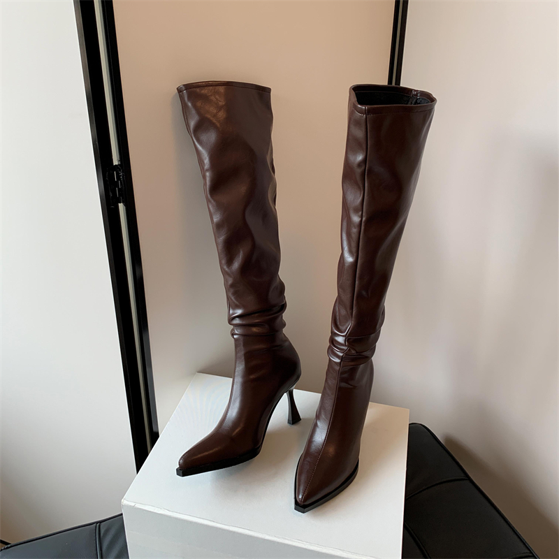 Pointed Toe Stiletto Thigh-High Boots with Ruffles and Folds - Trendy Y2K Style for Statement Legs Pointed Toe Stiletto Thigh-High Boots with Ruffles and Folds - Trendy Y2K Style for Statement Legs