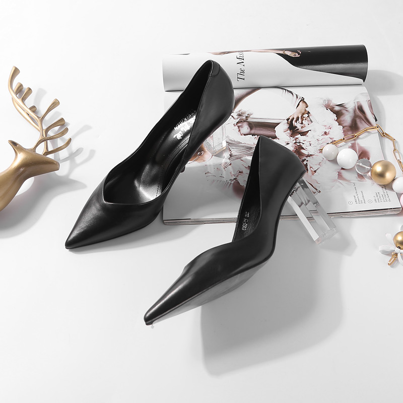 Pointed Toe Transparent Crystal High Heels - Elegant Genuine Leather Women's Loafers for Spring & Autumn - European Style Fashion