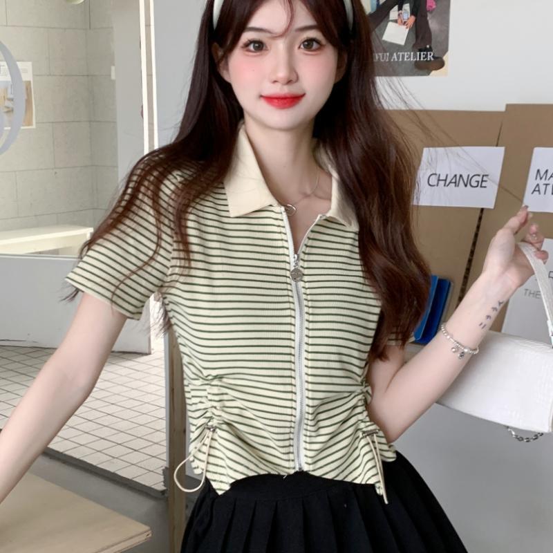 Polo Collar Drawstring Striped Short Sleeve T-Shirt for Women - 2025 Summer Slim Fit Versatile Niche Design Top, Y2K Style Polo Collar Drawstring Striped Short Sleeve T-Shirt for Women - 2025 Summer Slim Fit Versatile Niche Design Top, Y2K Style