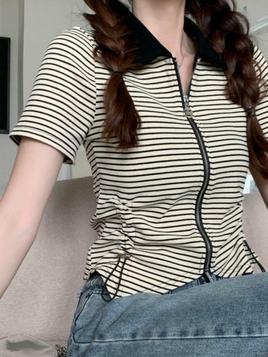 Polo Collar Drawstring Striped Short Sleeve T-Shirt for Women - 2025 Summer Slim Fit Versatile Niche Design Top, Y2K Style Polo Collar Drawstring Striped Short Sleeve T-Shirt for Women - 2025 Summer Slim Fit Versatile Niche Design Top, Y2K Style