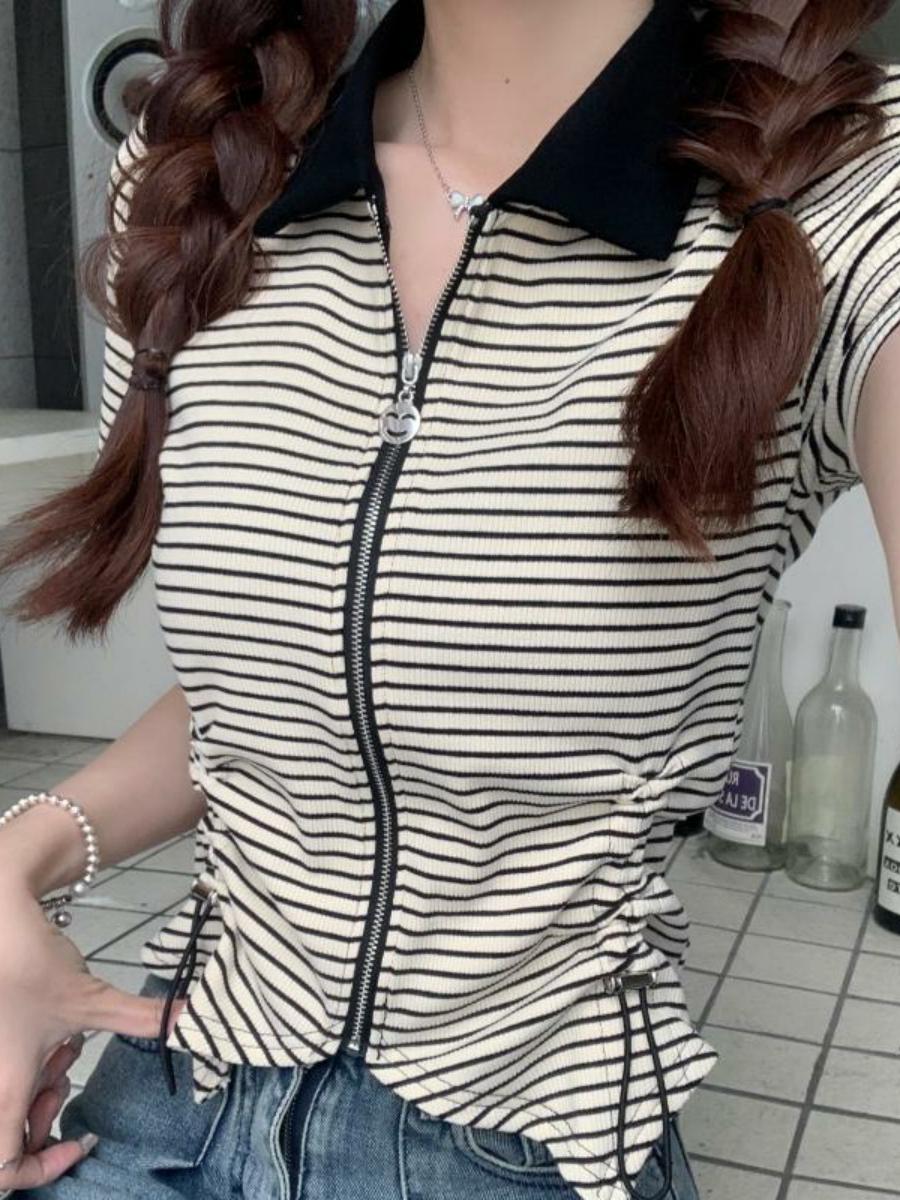 Polo Collar Drawstring Striped Short Sleeve T-Shirt for Women - 2025 Summer Slim Fit Versatile Niche Design Top, Y2K Style