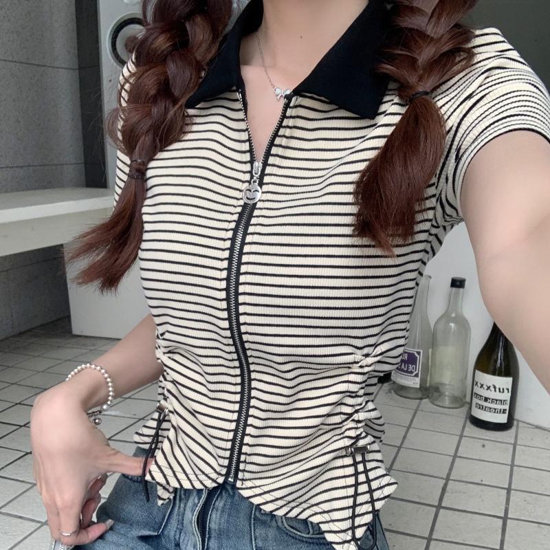 Polo Collar Drawstring Striped Short Sleeve T-Shirt for Women - 2025 Summer Slim Fit Versatile Niche Design Top, Y2K Style