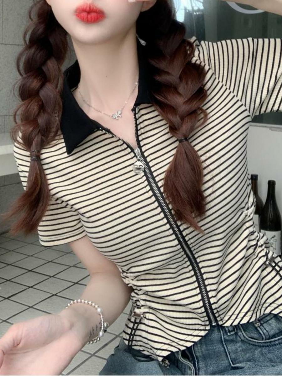 Polo Collar Drawstring Striped Short Sleeve T-Shirt for Women - 2025 Summer Slim Fit Versatile Niche Design Top, Y2K Style Polo Collar Drawstring Striped Short Sleeve T-Shirt for Women - 2025 Summer Slim Fit Versatile Niche Design Top, Y2K Style
