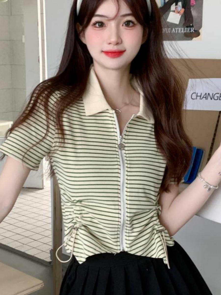 Polo Collar Drawstring Striped Short Sleeve T-Shirt for Women - 2025 Summer Slim Fit Versatile Niche Design Top, Y2K Style Polo Collar Drawstring Striped Short Sleeve T-Shirt for Women - 2025 Summer Slim Fit Versatile Niche Design Top, Y2K Style