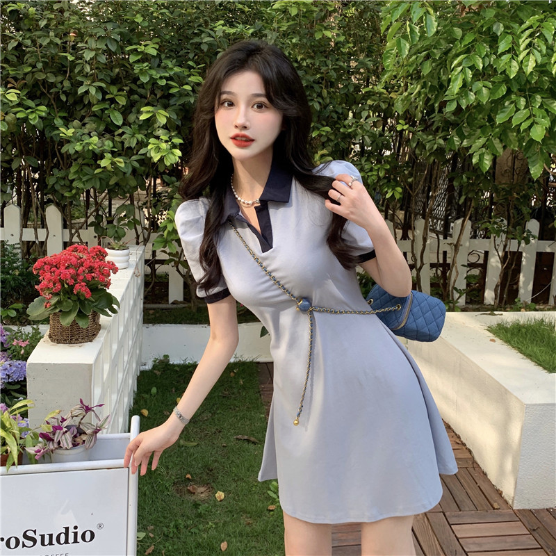 Polo Collar Dress with Puff Sleeves, Slimming Waist-Cinching Design, College Style for Summer, Age-Reducing Sweet Look Polo Collar Dress with Puff Sleeves, Slimming Waist-Cinching Design, College Style for Summer, Age-Reducing Sweet Look