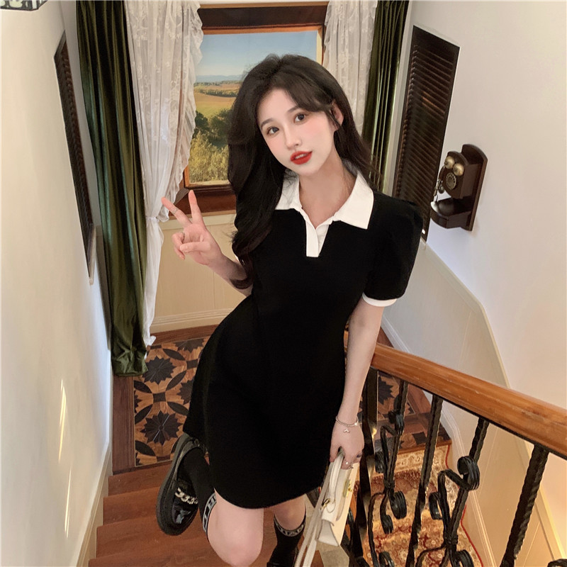 Polo Collar Dress with Puff Sleeves, Slimming Waist-Cinching Design, College Style for Summer, Age-Reducing Sweet Look Polo Collar Dress with Puff Sleeves, Slimming Waist-Cinching Design, College Style for Summer, Age-Reducing Sweet Look