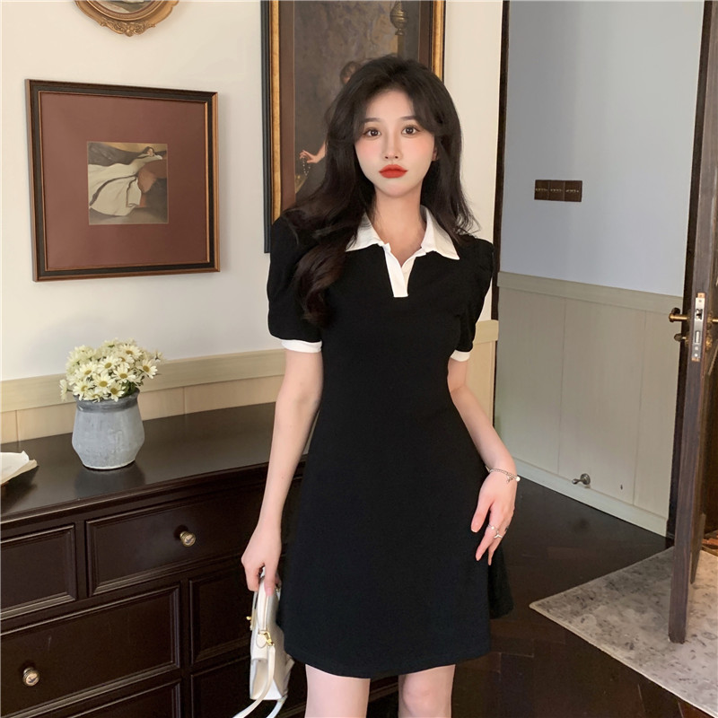 Polo Collar Dress with Puff Sleeves, Slimming Waist-Cinching Design, College Style for Summer, Age-Reducing Sweet Look Polo Collar Dress with Puff Sleeves, Slimming Waist-Cinching Design, College Style for Summer, Age-Reducing Sweet Look