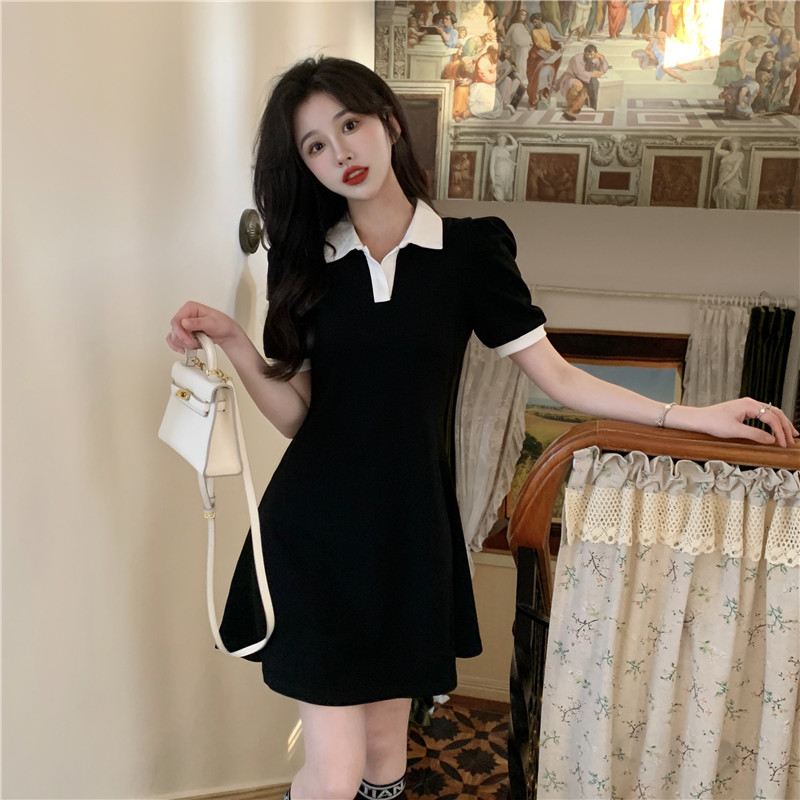 Polo Collar Dress with Puff Sleeves, Slimming Waist-Cinching Design, College Style for Summer, Age-Reducing Sweet Look Polo Collar Dress with Puff Sleeves, Slimming Waist-Cinching Design, College Style for Summer, Age-Reducing Sweet Look