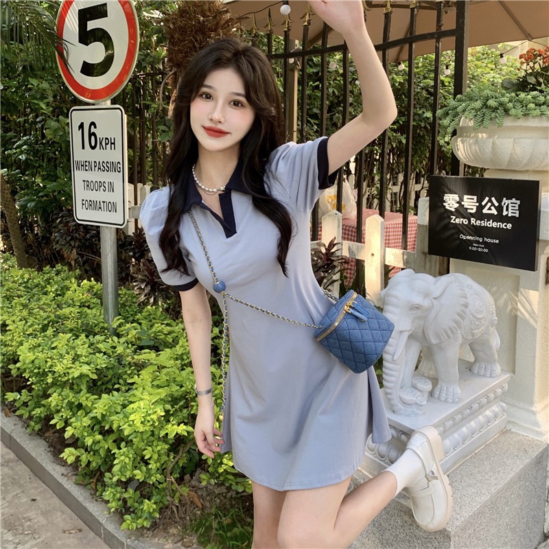 Polo Collar Dress with Puff Sleeves, Slimming Waist-Cinching Design, College Style for Summer, Age-Reducing Sweet Look Polo Collar Dress with Puff Sleeves, Slimming Waist-Cinching Design, College Style for Summer, Age-Reducing Sweet Look