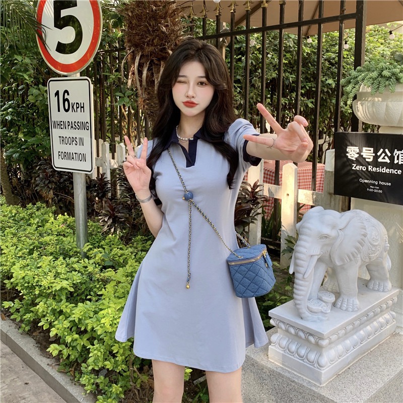 Polo Collar Dress with Puff Sleeves, Slimming Waist-Cinching Design, College Style for Summer, Age-Reducing Sweet Look Polo Collar Dress with Puff Sleeves, Slimming Waist-Cinching Design, College Style for Summer, Age-Reducing Sweet Look