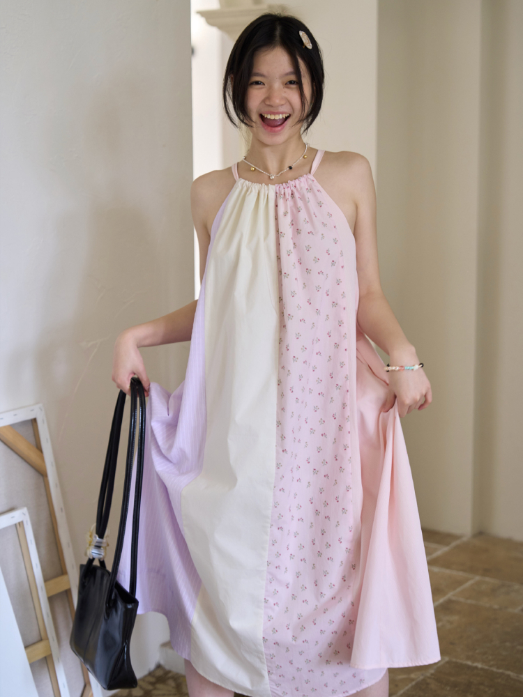 Powder Purple Floral Patchwork Spaghetti Strap Dress for Vacation, Honey Flower Design, Trendy Summer Fashion, Y2K Style Powder Purple Floral Patchwork Spaghetti Strap Dress for Vacation, Honey Flower Design, Trendy Summer Fashion, Y2K Style