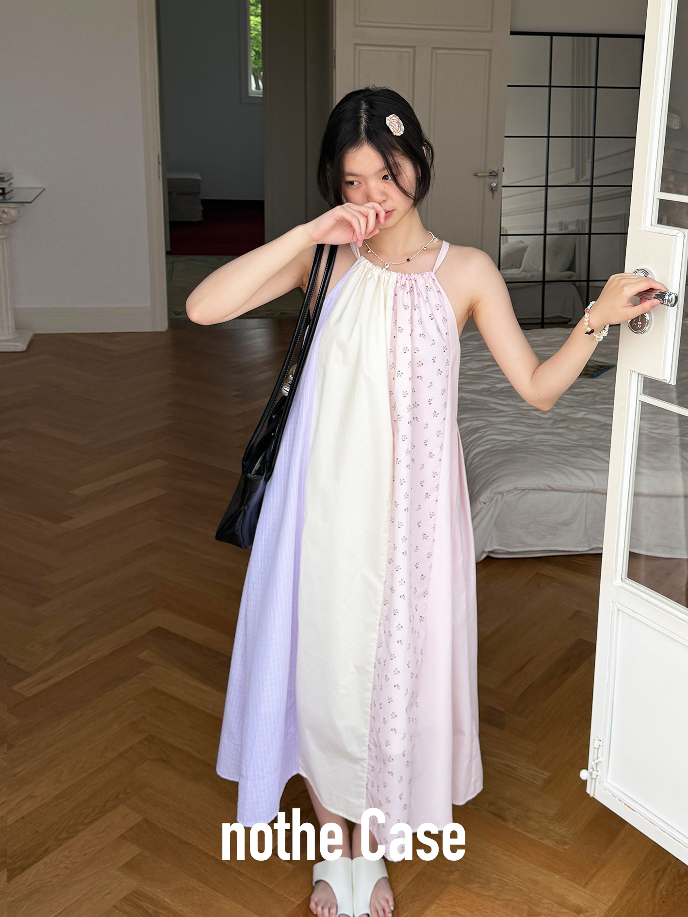 Powder Purple Floral Patchwork Spaghetti Strap Dress for Vacation, Honey Flower Design, Trendy Summer Fashion, Y2K Style